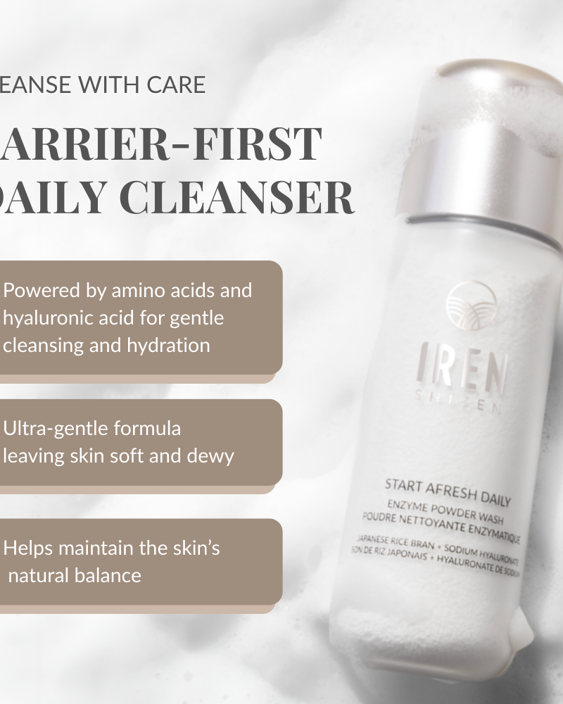 A bottle of IREN Shizen START AFRESH DAILY Enzyme Powder Wash sits on a foamy surface, with text highlighting its gentle, hydrating benefits as a rice enzyme cleanser and skin-balancing daily exfoliator.