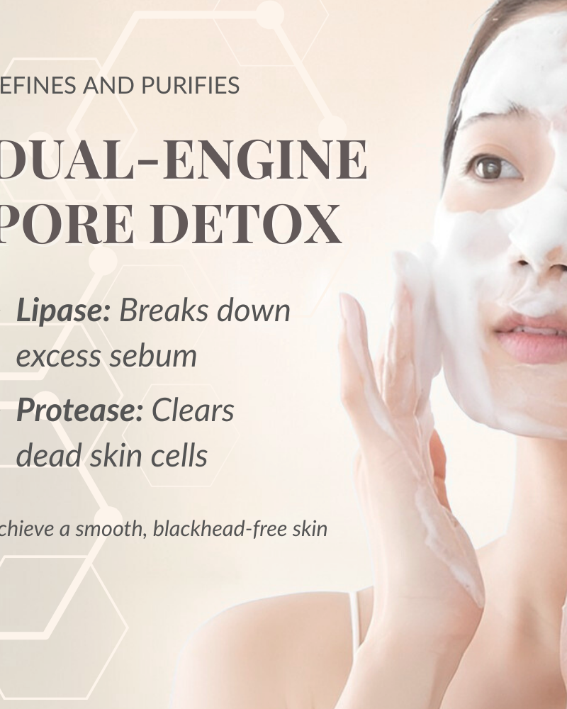A woman uses IREN Shizen’s START AFRESH DAILY Enzyme Powder Wash—a dual-enzyme cleanser with lipase and protease for smoother, clearer, blackhead-free skin.