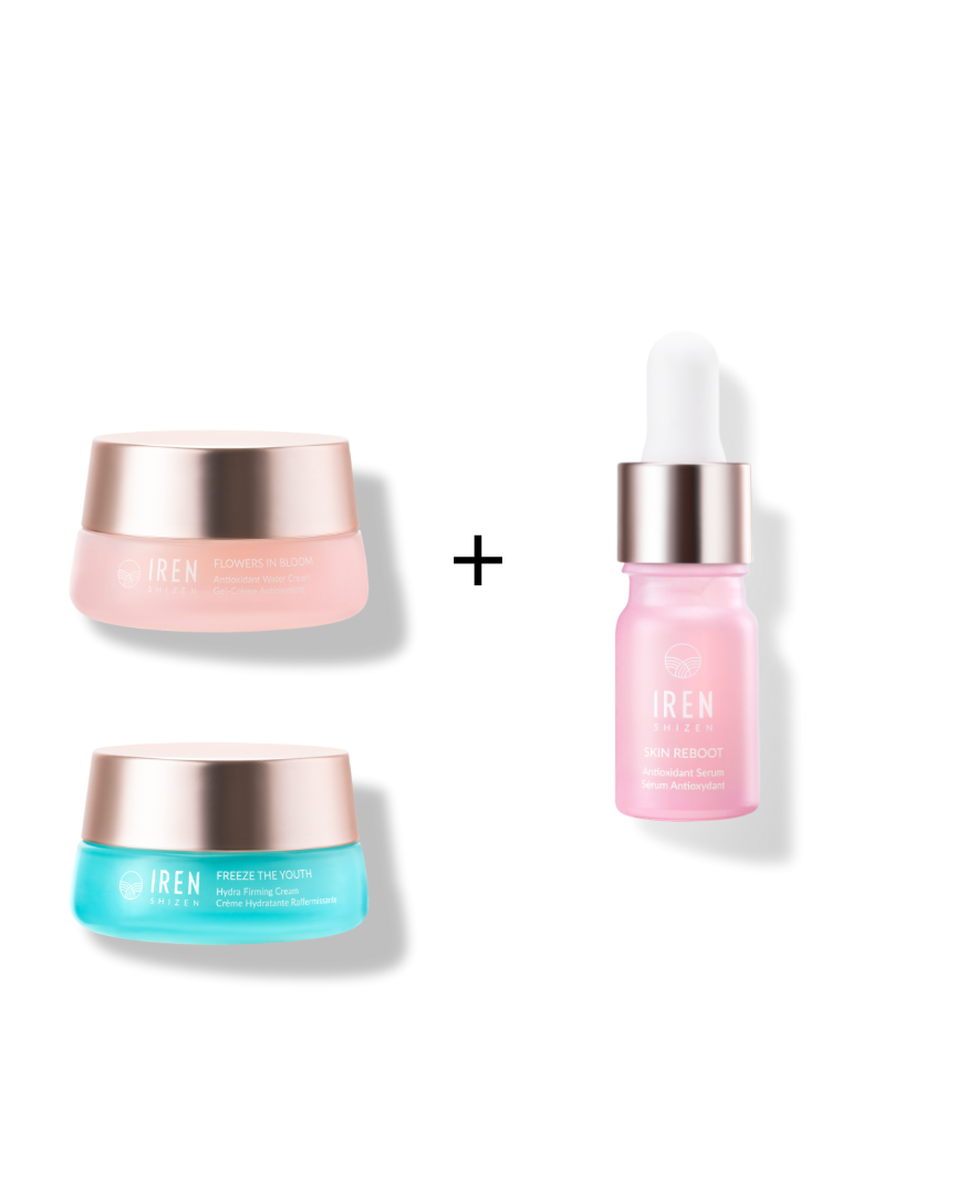 The MOCHI SKIN Instant Glow Travel Set by Fast Bundle includes two jars (pink and blue) and a pink dropper bottle, each with metallic gold caps, shown on a white background.