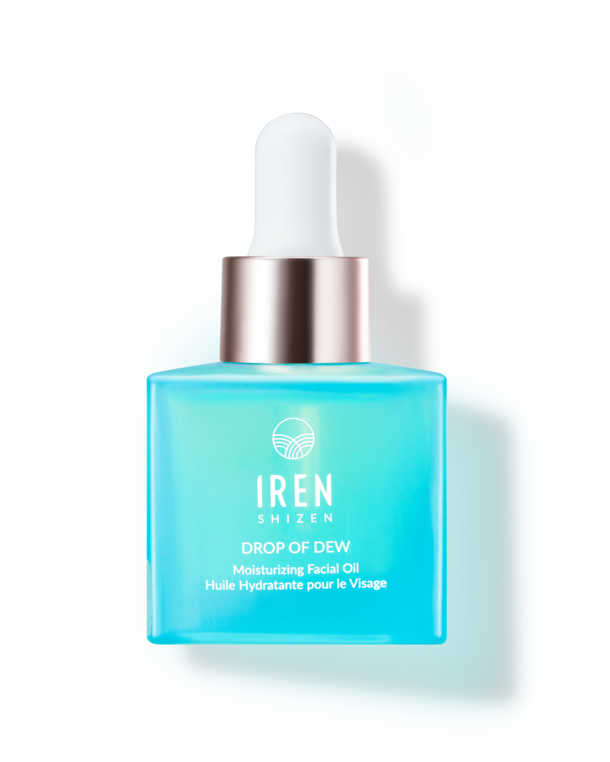 A bottle of IREN Shizen DROP OF DEW Moisturizing Facial Oil, featuring Japanese skincare, onsen skincare, on a black background.