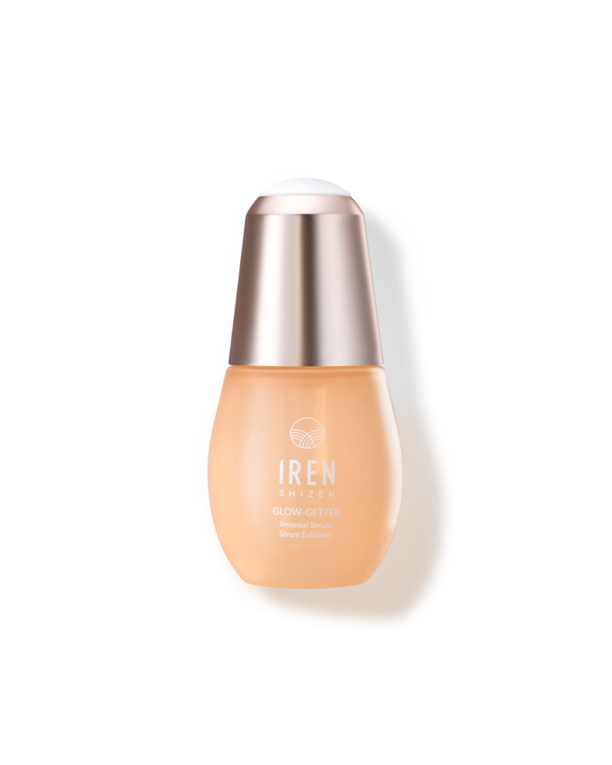 A bottle of customized Japanese skincare, IREN Shizen GLOW-GETTER Renewal Serum, on a white background.
