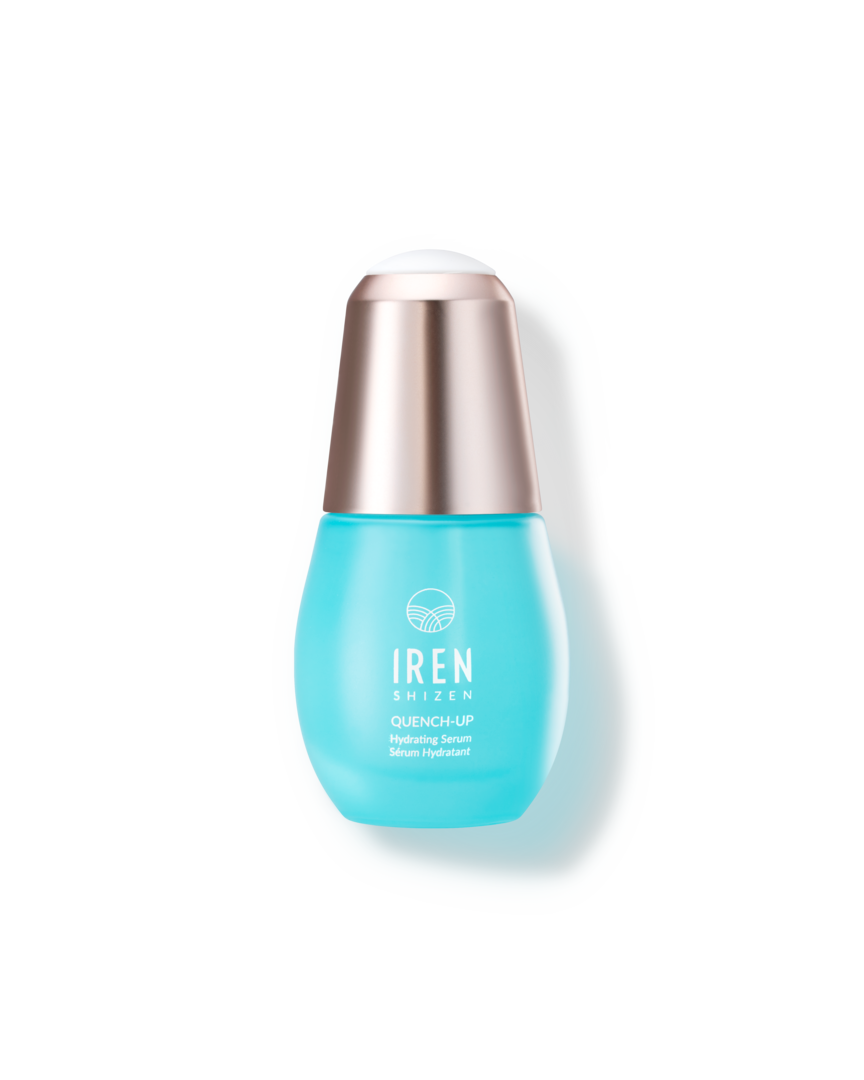 A customized QUENCH-UP Hydrating Serum by IREN Shizen bottle with a blue bottle on a black background.