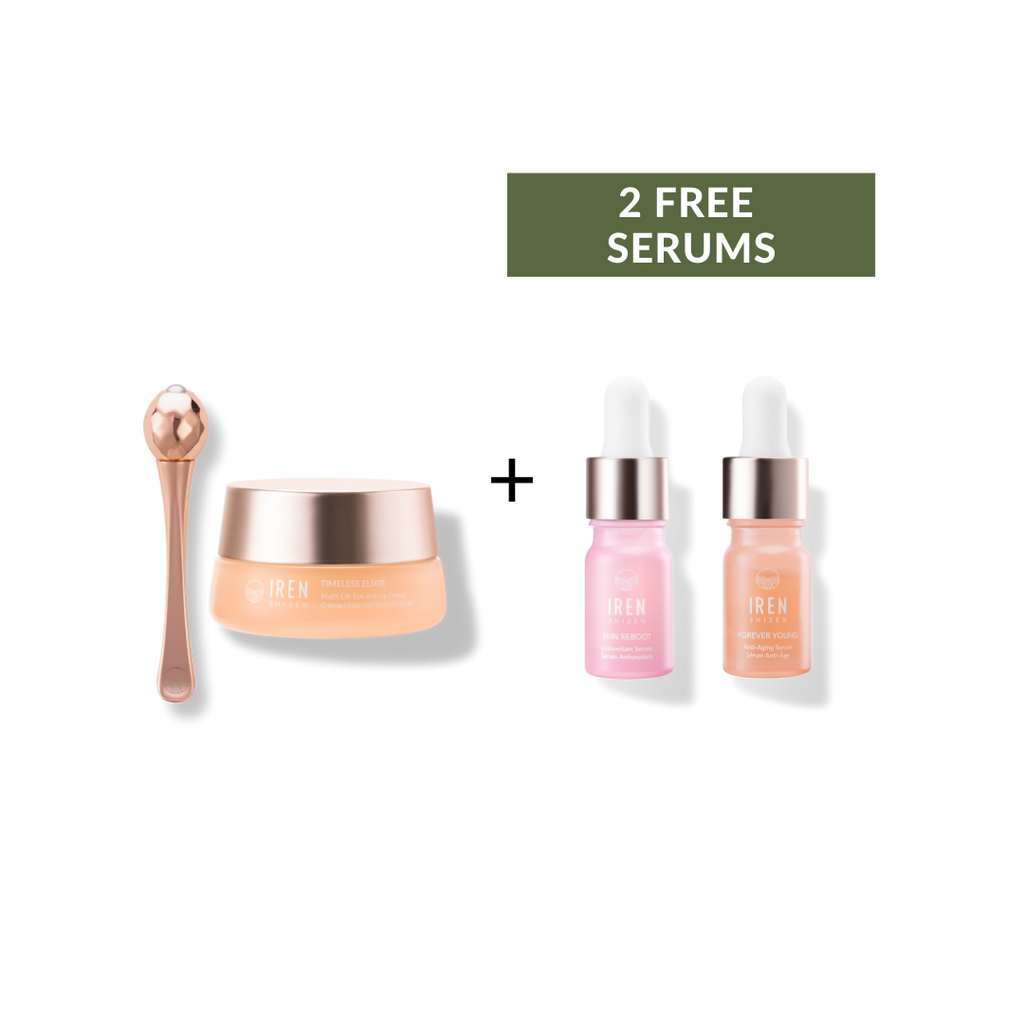 Image of the TIMELESS ELIXIR Anti-Aging Eye Skincare Kit by IREN Shizen, featuring an orange cream jar with a copper applicator and two small serum bottles labeled "2 Free Serums," including an Antioxidant Serum, all set against a green background.