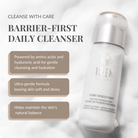 A bottle of IREN Shizen START AFRESH DAILY Enzyme Powder Wash sits on a foamy surface, with text highlighting its gentle, hydrating benefits as a rice enzyme cleanser and skin-balancing daily exfoliator.