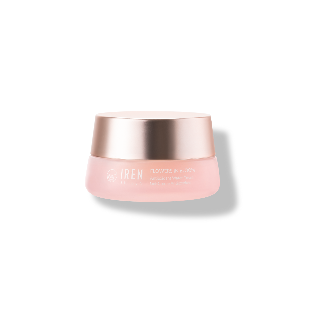 A pink jar of IREN Shizen's "FLOWERS IN BLOOM" Antioxidant Water Cream, ideal for sensitive skin, features a gold lid on a white background.