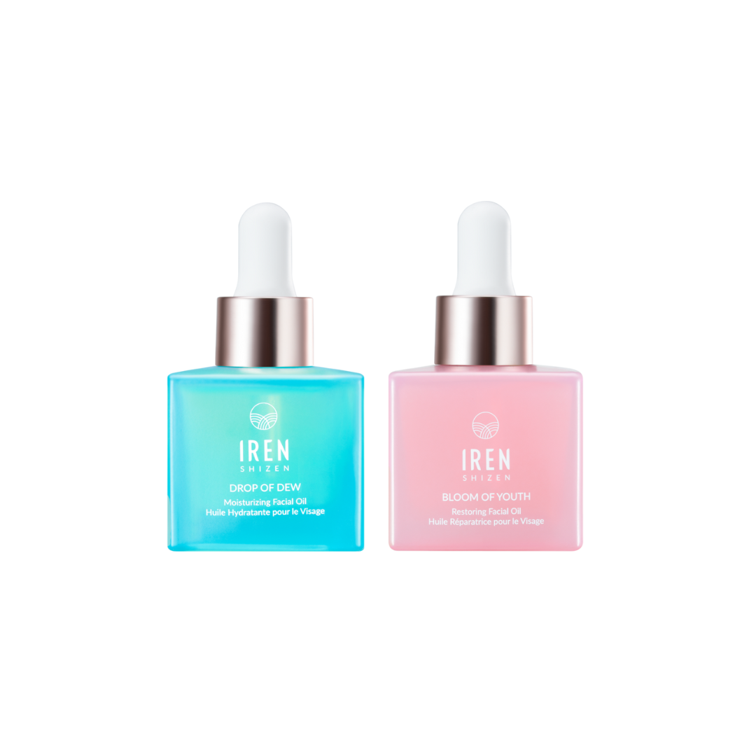 Two bottles of IREN Shizen ONSEN Facial Oils on a white background.