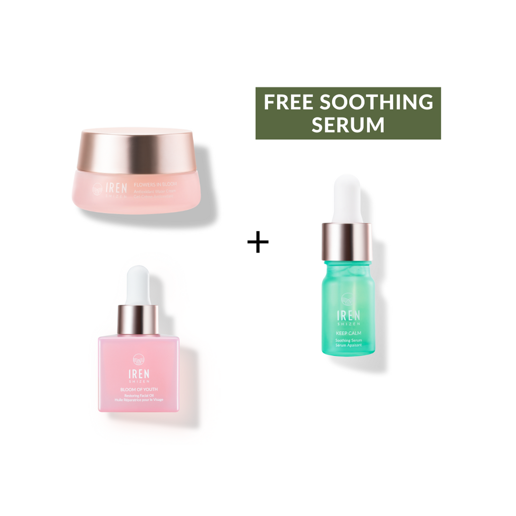 The AFTER SUN Repair Routine by IREN Shizen is perfect for your after-sun skincare needs, featuring a pink antioxidant water cream in a jar, a pink serum with a dropper bottle, and a complimentary green soothing serum in a dropper bottle, all beautifully arranged against a white background.