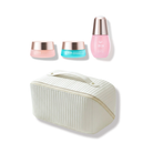The MOCHI SKIN Instant Glow Travel Set by Fast Bundle features a white textured cosmetic bag with handle, shown below three skincare products in pastel pink and blue jars and a pink bottle, all with metallic lids.