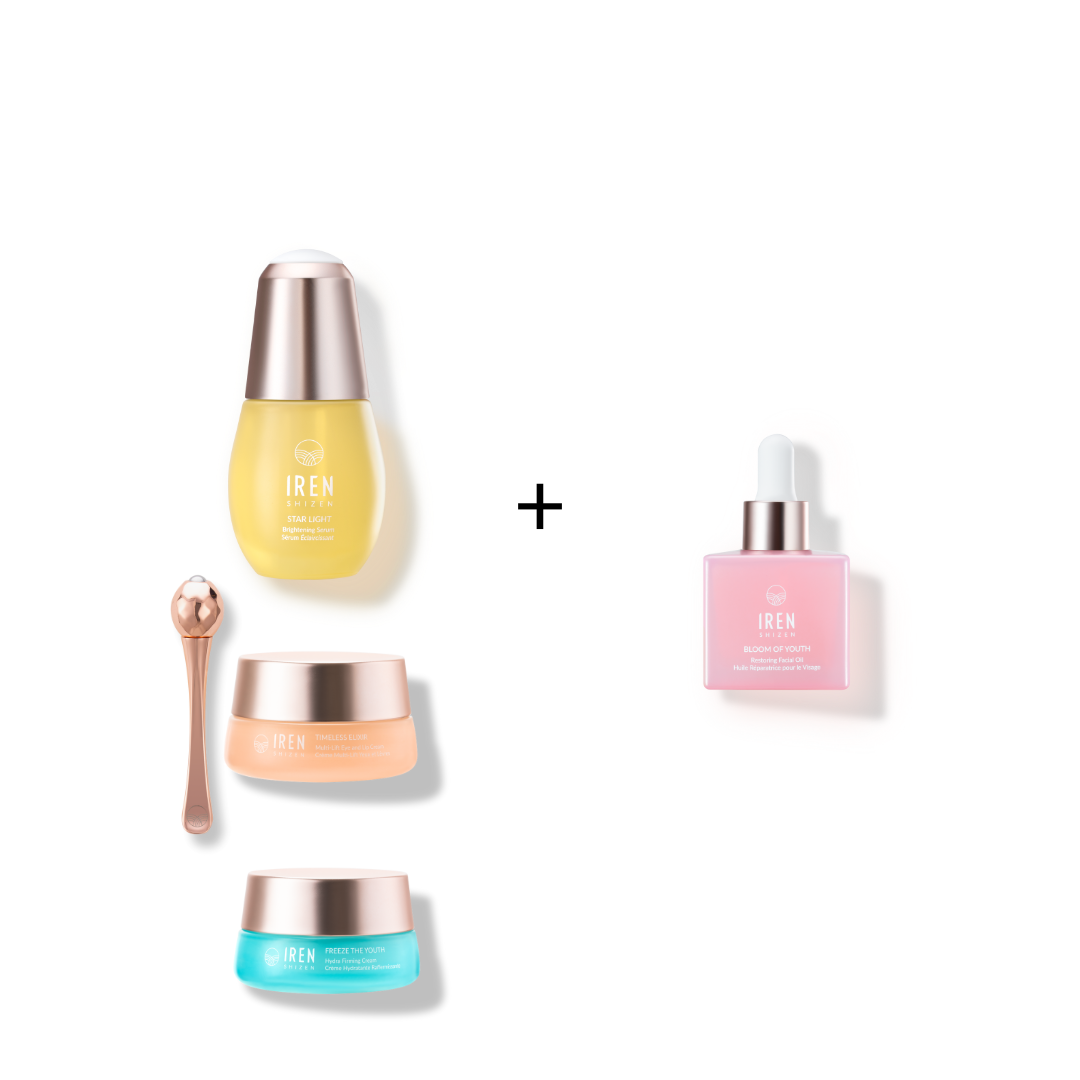 The 4-STEP ROUTINE Custom Set by Fast Bundle includes a yellow serum bottle, a spoon, two jars with blue and peach lids, and a small pink dropper bottle.