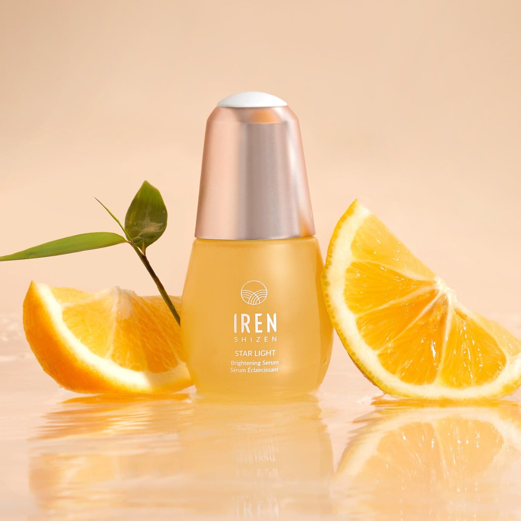 A bottle of Japanese skincare STAR LIGHT Brightening Serum by IREN Shizen.